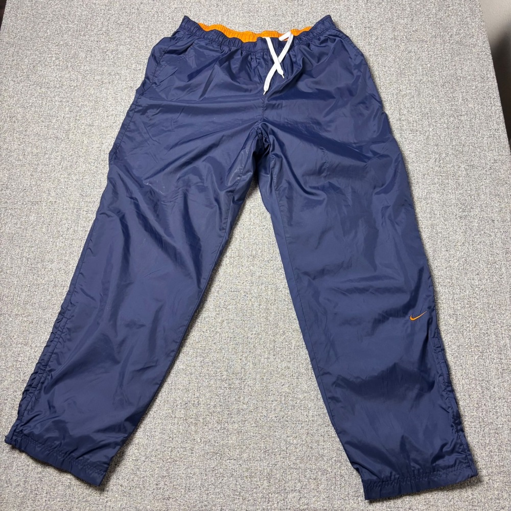 Nike Track Pants Mens XL Navy Blue Orange Windbreaker Lined VTG Wide Leg NFL
